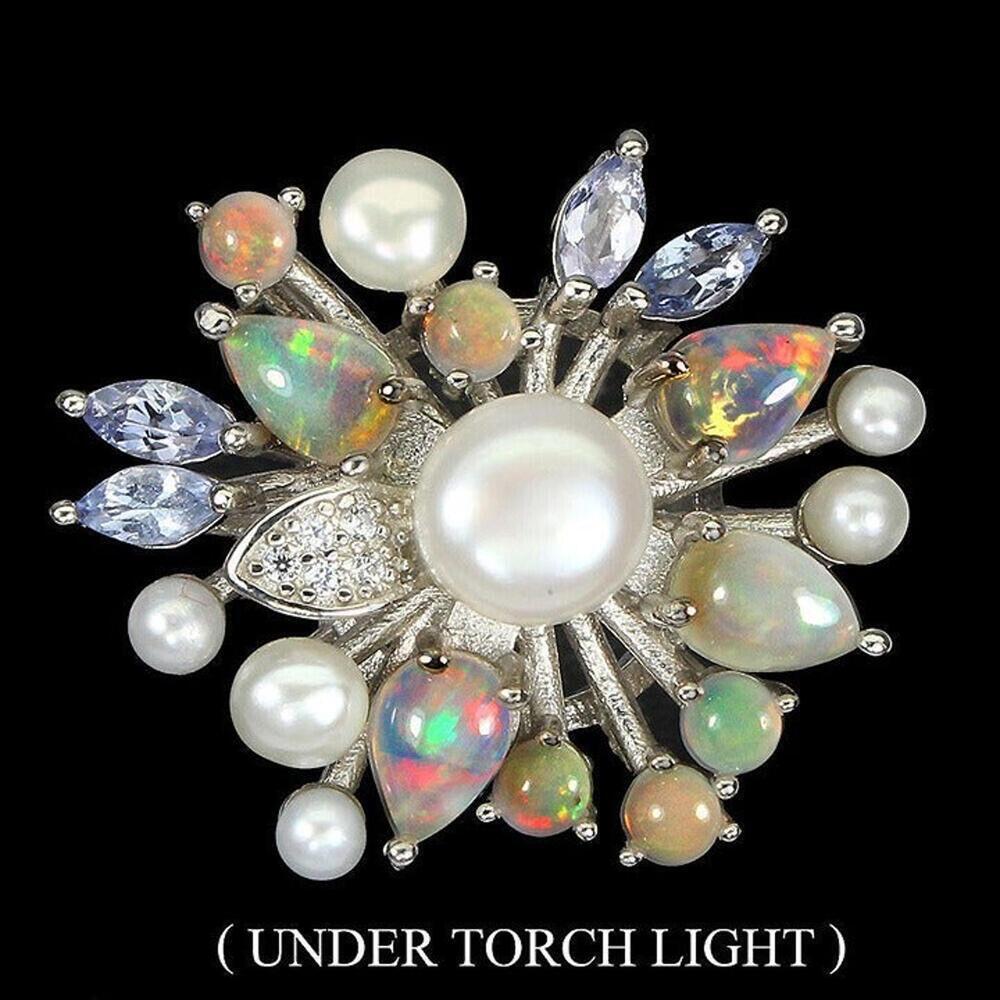 size 8.5 Fire Opal , Pearl & Tanzanite 925 Sterling Silver Ring